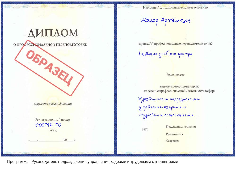 Руководитель подразделения управления кадрами и трудовыми отношениями Тамбов