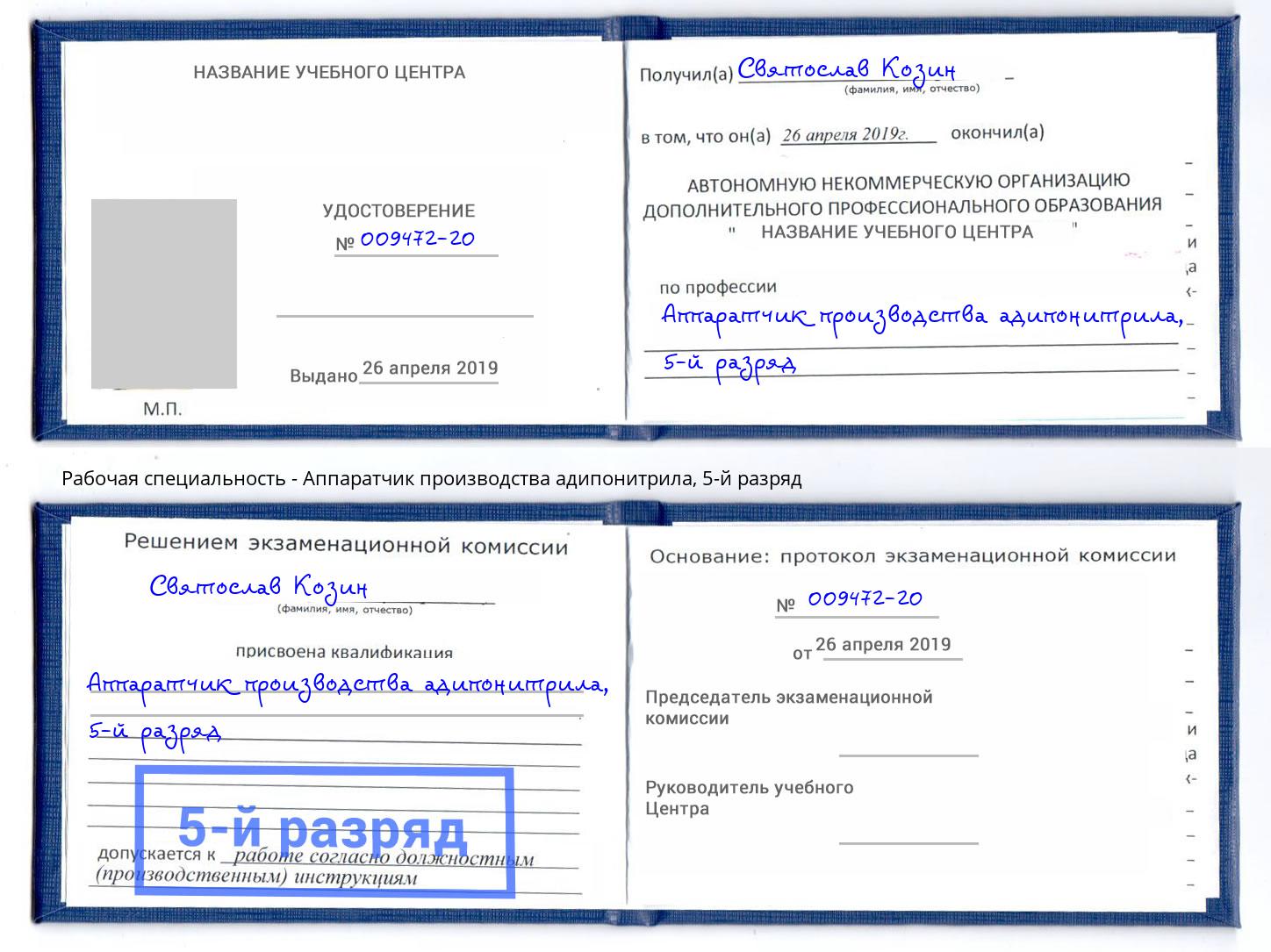корочка 5-й разряд Аппаратчик производства адипонитрила Тамбов