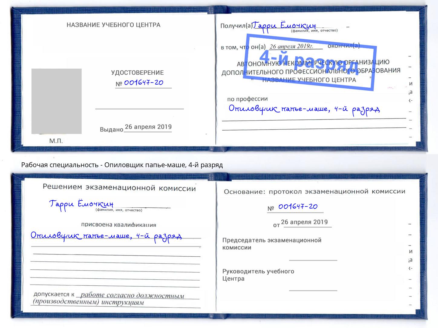 корочка 4-й разряд Опиловщик папье-маше Тамбов