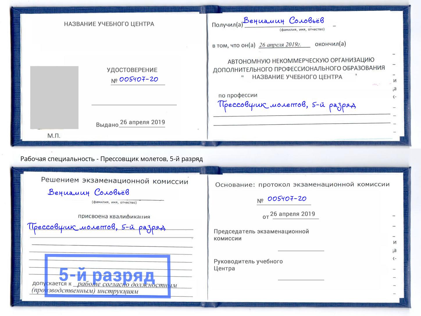 корочка 5-й разряд Прессовщик молетов Тамбов
