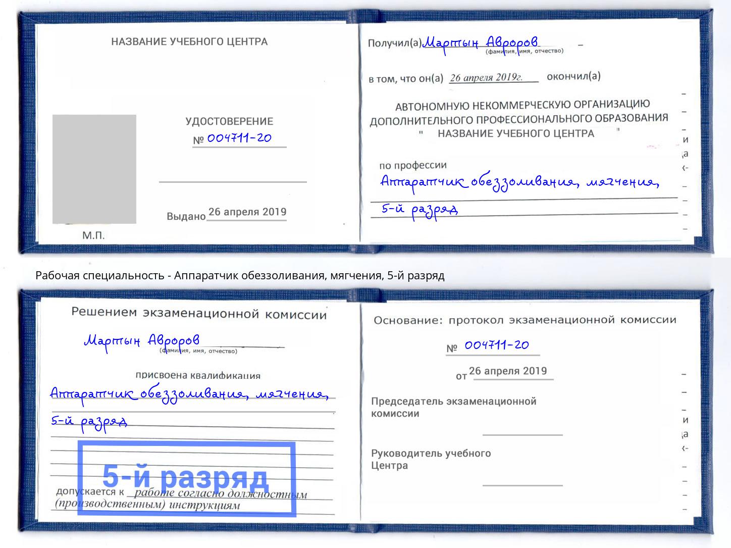 корочка 5-й разряд Аппаратчик обеззоливания, мягчения Тамбов