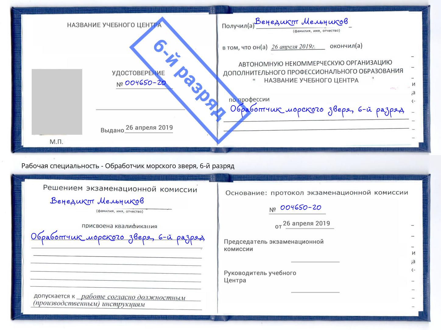 корочка 6-й разряд Обработчик морского зверя Тамбов