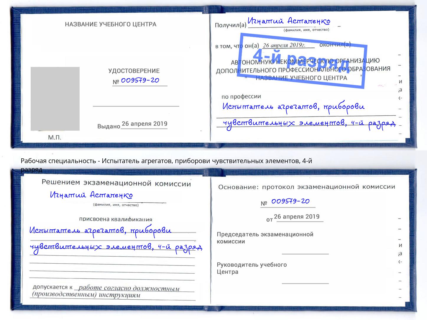 корочка 4-й разряд Испытатель агрегатов, приборови чувствительных элементов Тамбов