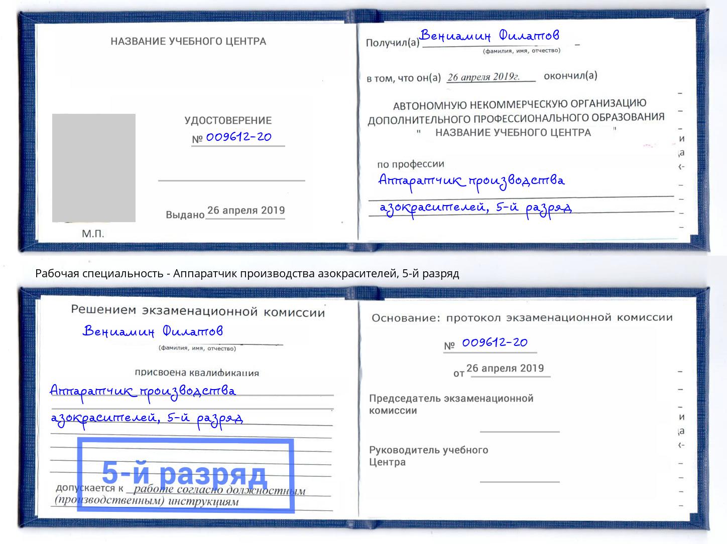 корочка 5-й разряд Аппаратчик производства азокрасителей Тамбов