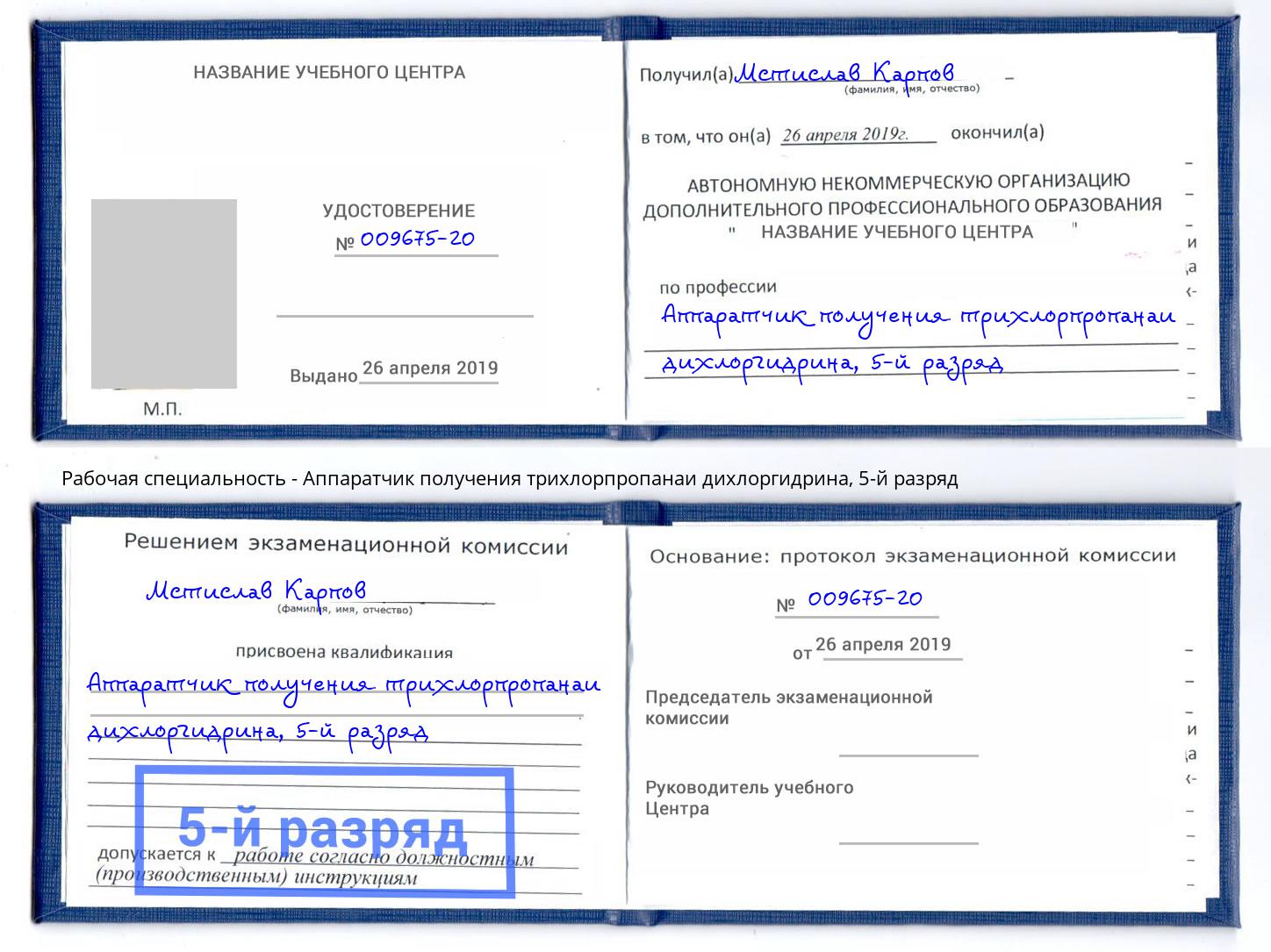 корочка 5-й разряд Аппаратчик получения трихлорпропанаи дихлоргидрина Тамбов